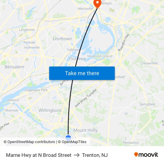 Marne Hwy at N Broad Street to Trenton, NJ map