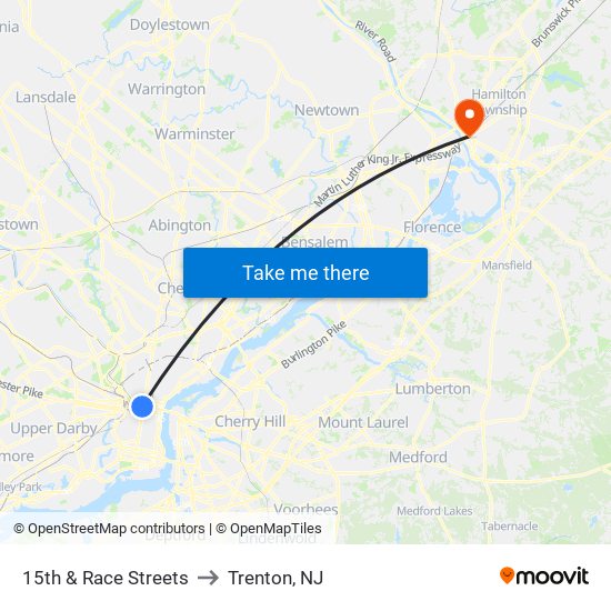 15th & Race Streets to Trenton, NJ map