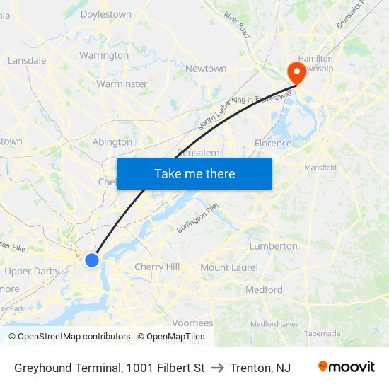 Greyhound Terminal, 1001 Filbert St to Trenton, NJ map