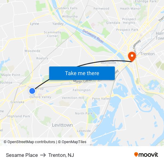 Sesame Place to Trenton, NJ map