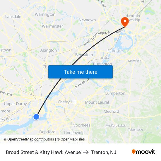 Broad Street & Kitty Hawk Avenue to Trenton, NJ map