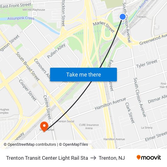 Trenton Transit Center Light Rail Sta to Trenton, NJ map