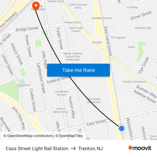 Cass Street Light Rail Station to Trenton, NJ map