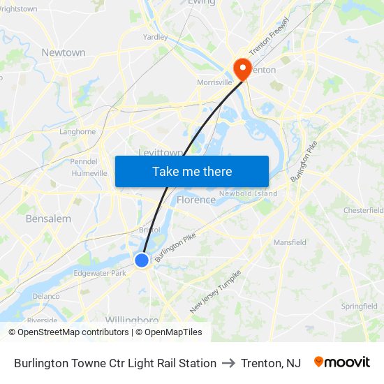 Burlington Towne Ctr Light Rail Station to Trenton, NJ map