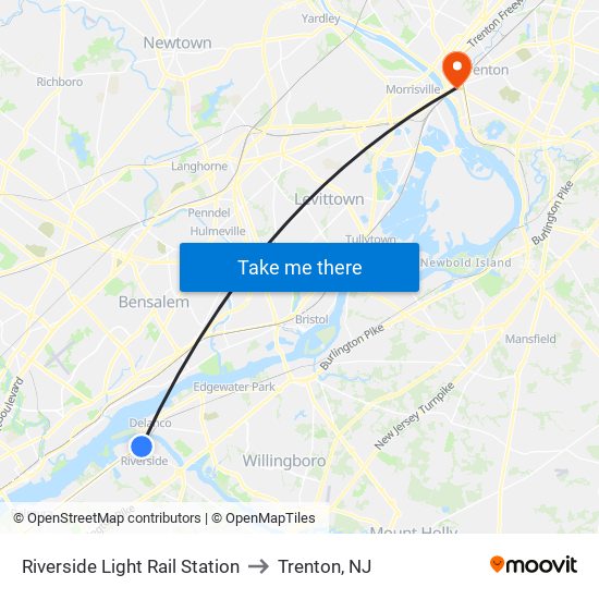 Riverside Light Rail Station to Trenton, NJ map