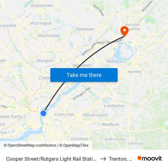 Cooper Street/Rutgers Light Rail Station to Trenton, NJ map