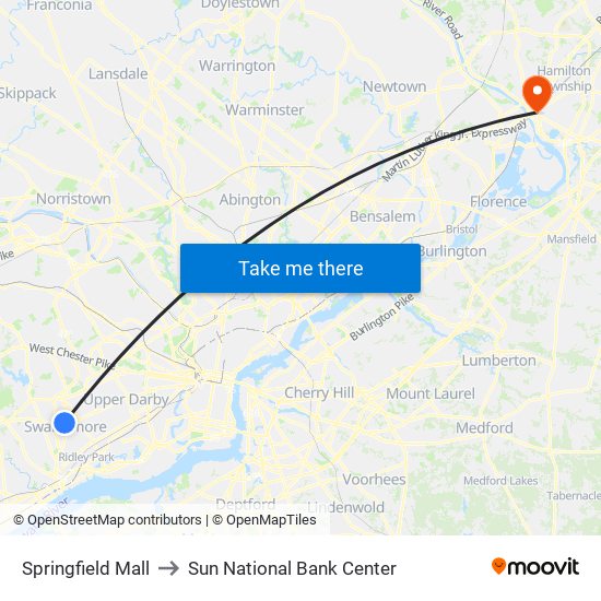 Springfield Mall to Sun National Bank Center map