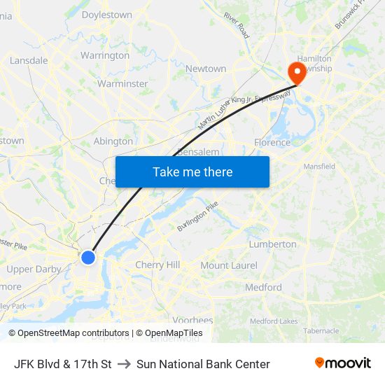 JFK Blvd & 17th St to Sun National Bank Center map