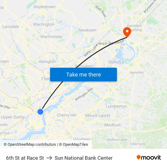 6th St at Race St to Sun National Bank Center map