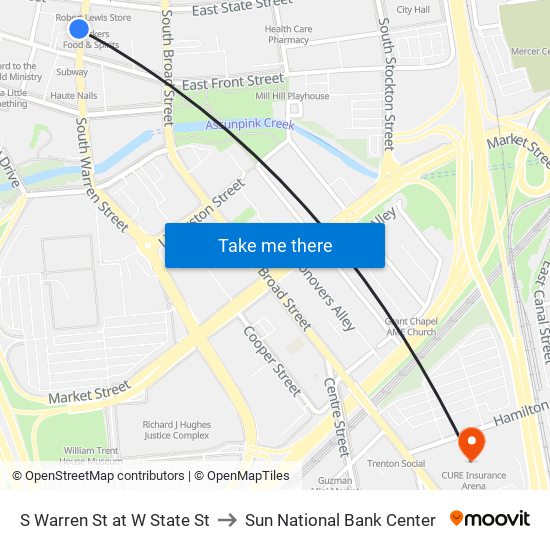 S Warren St at W State St to Sun National Bank Center map