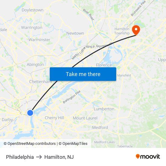 Philadelphia to Hamilton, NJ map