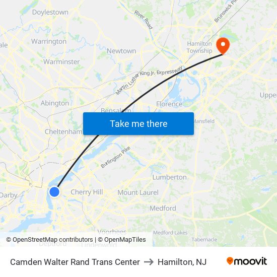 Camden Walter Rand Trans Center to Hamilton, NJ map