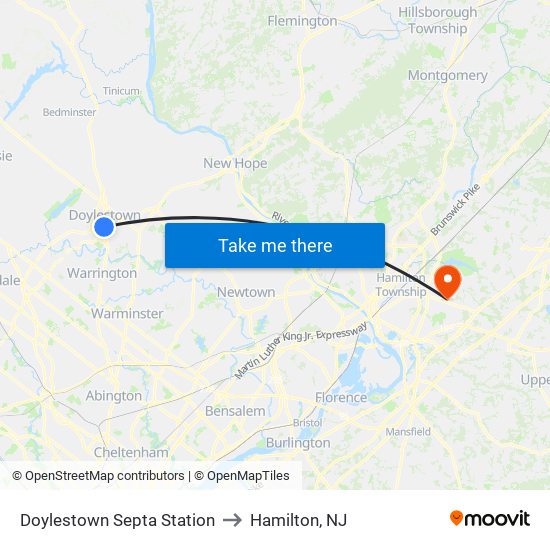 Doylestown Septa Station to Hamilton, NJ map