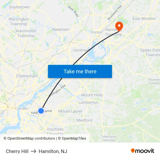 Cherry Hill to Hamilton, NJ map