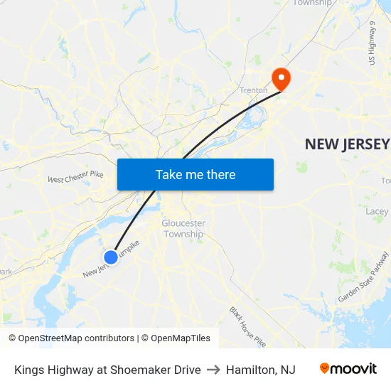 Kings Highway at Shoemaker Drive to Hamilton, NJ map