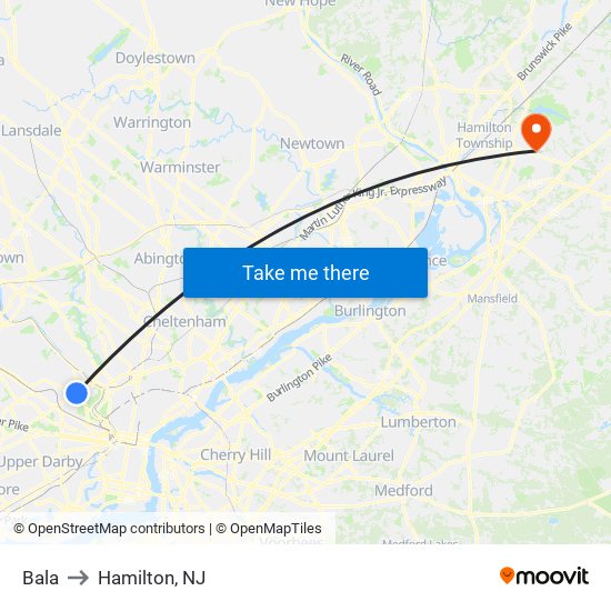 Bala to Hamilton, NJ map