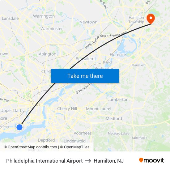 Philadelphia International Airport to Hamilton, NJ map