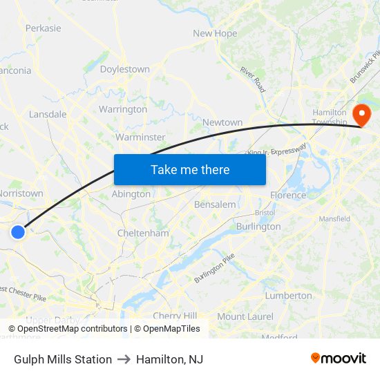 Gulph Mills Station to Hamilton, NJ map