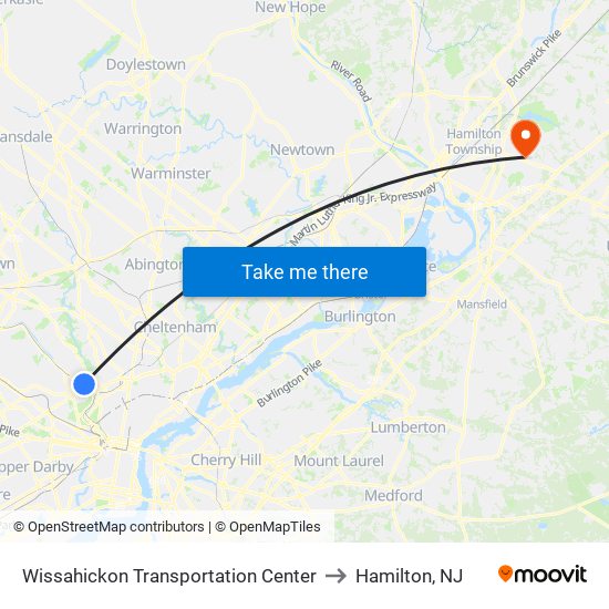 Wissahickon Transportation Center to Hamilton, NJ map