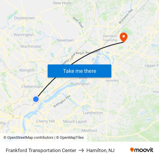 Frankford Transportation Center to Hamilton, NJ map