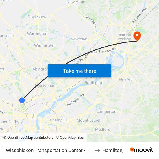 Wissahickon Transit Center to Hamilton, NJ map