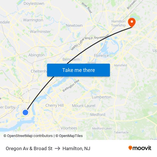 Oregon Av & Broad St to Hamilton, NJ map