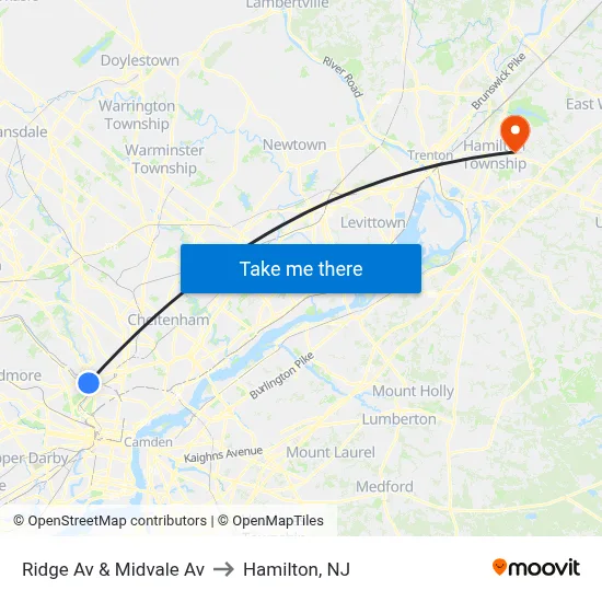 Ridge Av & Midvale Av to Hamilton, NJ map