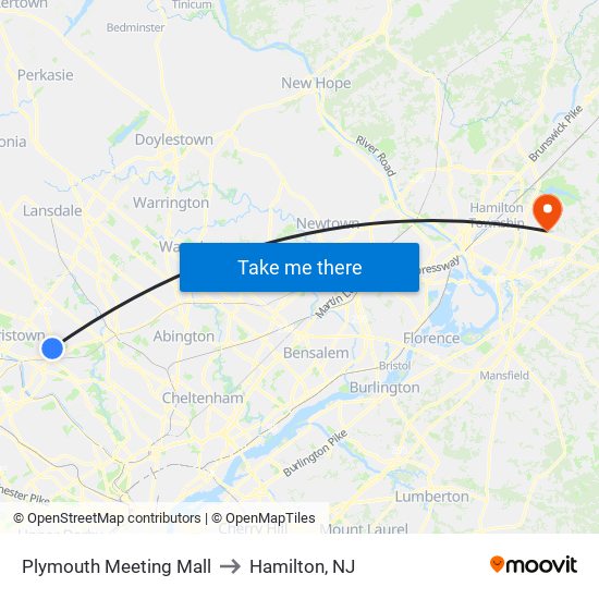 Plymouth Meeting Mall to Hamilton, NJ map