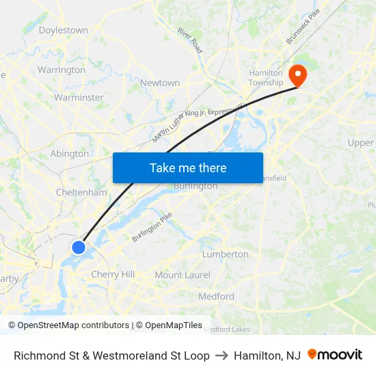Richmond St & Westmoreland St Loop to Hamilton, NJ map