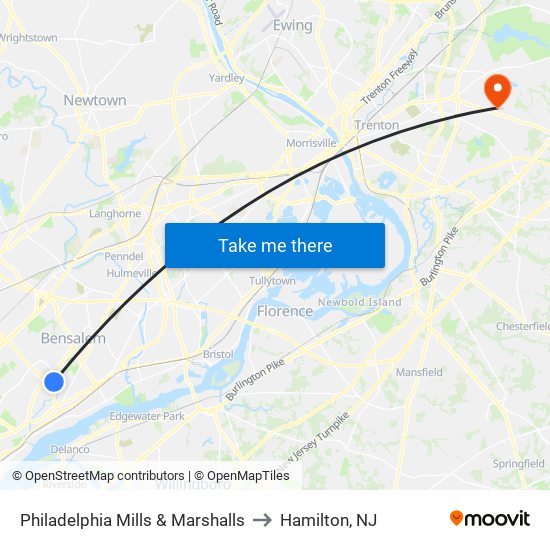 Philadelphia Mills & Marshalls to Hamilton, NJ map