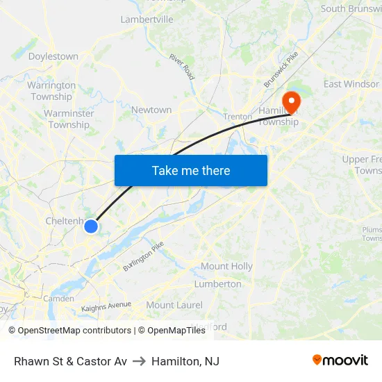 Rhawn St & Castor Av to Hamilton, NJ map