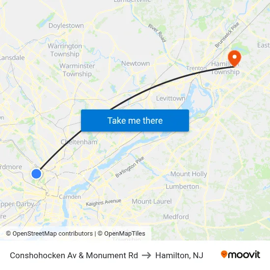 Conshohocken Av & Monument Rd to Hamilton, NJ map