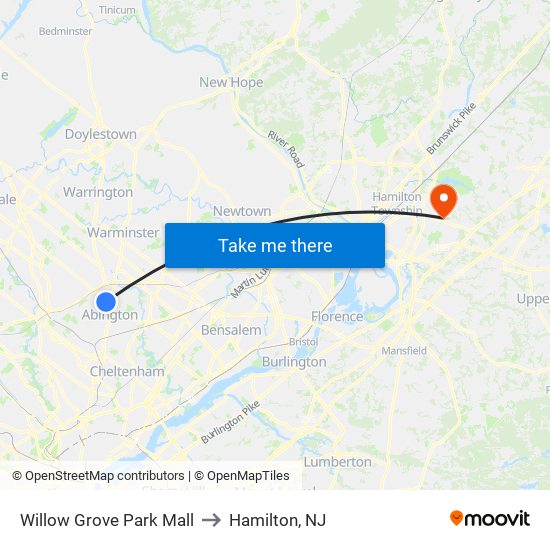 Willow Grove Park Mall to Hamilton, NJ map