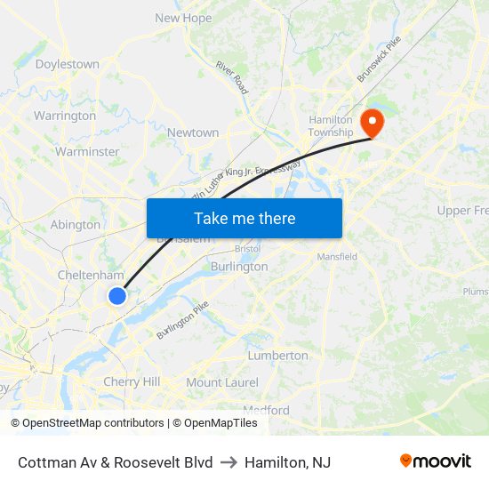 Cottman Av & Roosevelt Blvd to Hamilton, NJ map