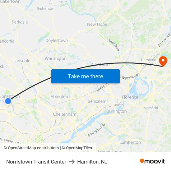 Norristown Transit Center to Hamilton, NJ map