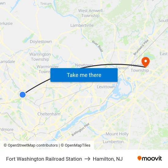 Fort Washington Railroad Station to Hamilton, NJ map