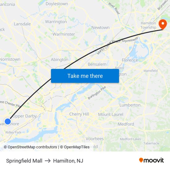 Springfield Mall to Hamilton, NJ map