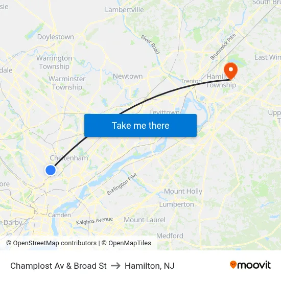 Champlost Av & Broad St to Hamilton, NJ map