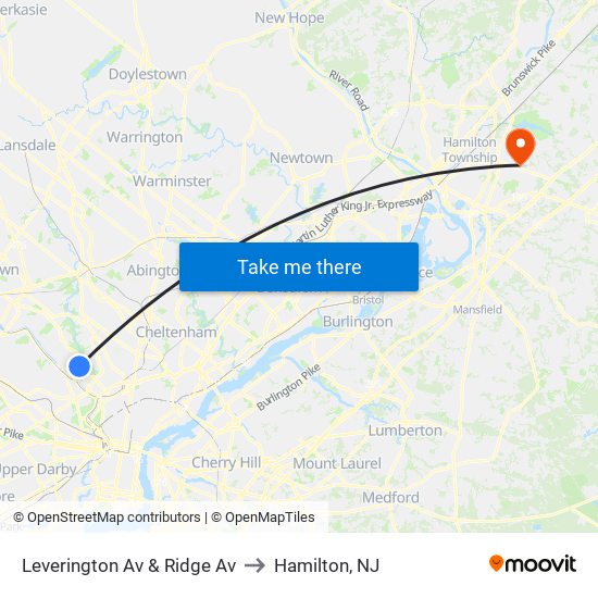 Leverington Av & Ridge Av to Hamilton, NJ map