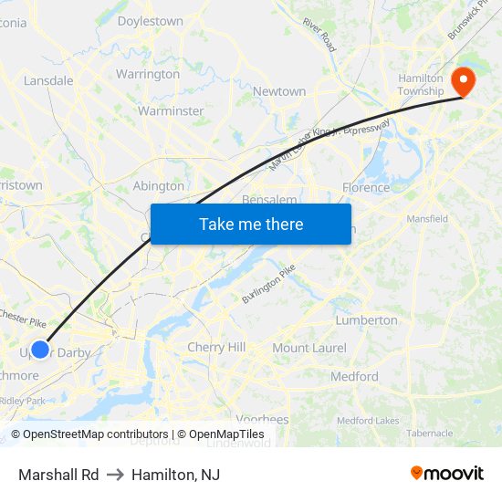 Marshall Rd to Hamilton, NJ map