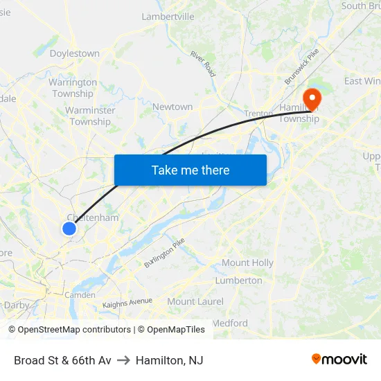 Broad St & 66th Av to Hamilton, NJ map