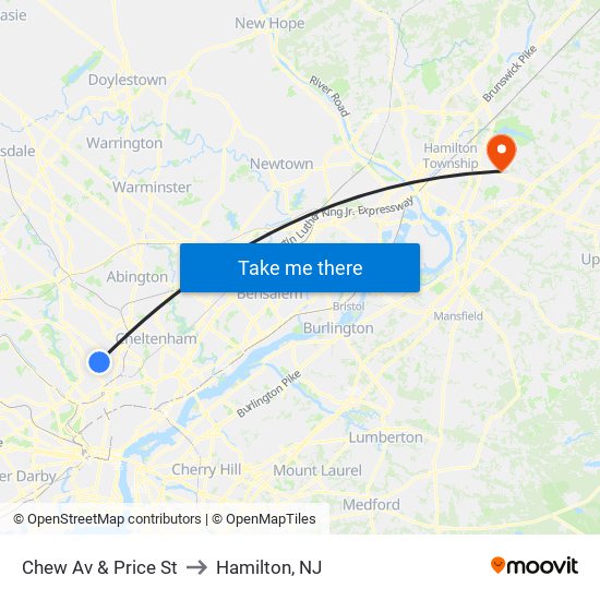 Chew Av & Price St to Hamilton, NJ map