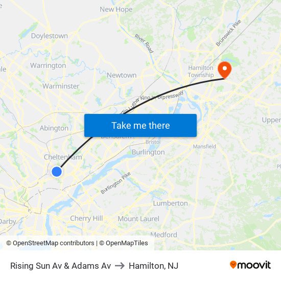 Rising Sun Av & Adams Av to Hamilton, NJ map