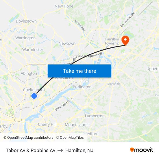Tabor Av & Robbins Av to Hamilton, NJ map