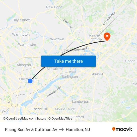 Rising Sun Av & Cottman Av to Hamilton, NJ map