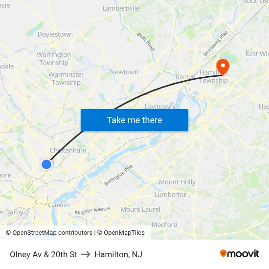 Olney Av & 20th St to Hamilton, NJ map