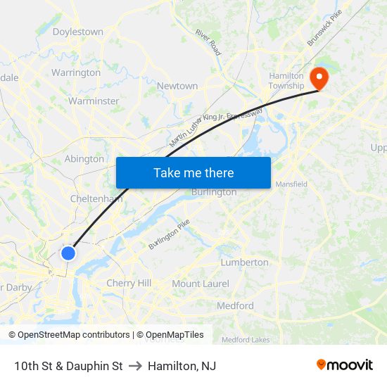 10th St & Dauphin St to Hamilton, NJ map