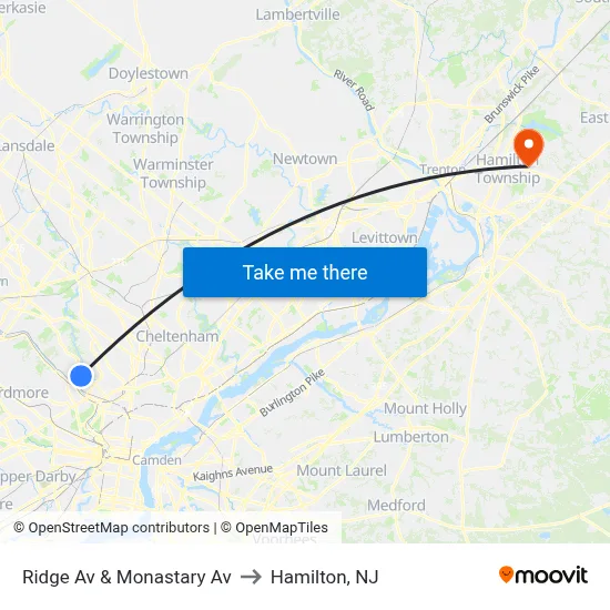 Ridge Av & Monastary Av to Hamilton, NJ map