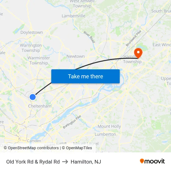 Old York Rd & Rydal Rd to Hamilton, NJ map