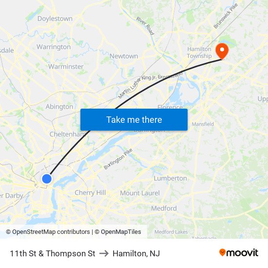 11th St & Thompson St to Hamilton, NJ map